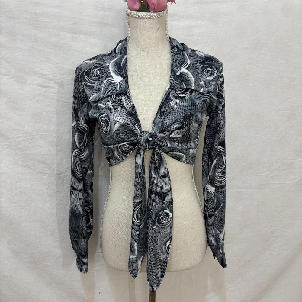 Vtg 90s/y2k cropped rose print cropped front tie blouse sz medium - Picture 2 of 8